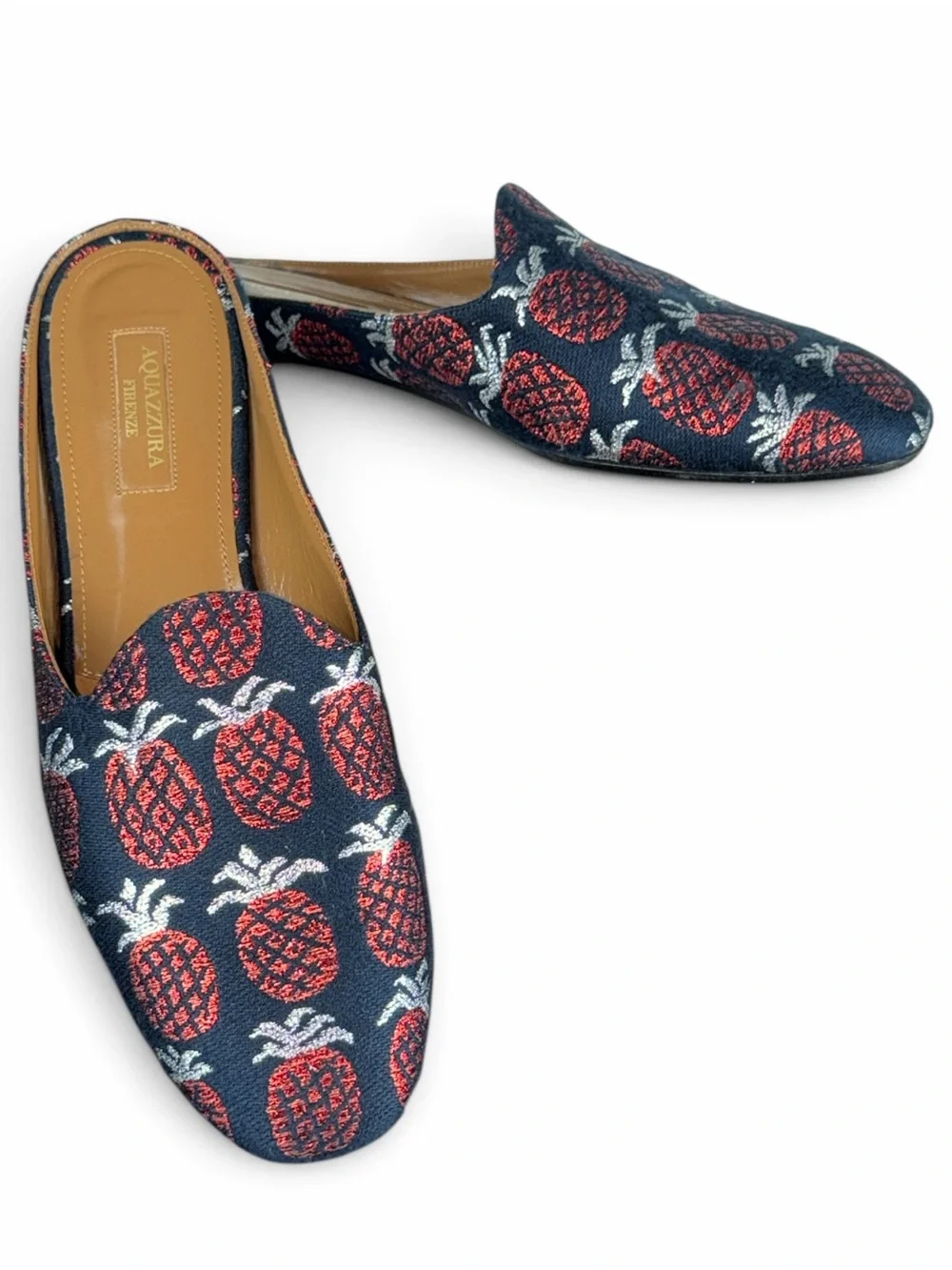 Aquazzura Brando Pineapple Jacquard Blue Red Backless Mule Loafers EU 39 US 9